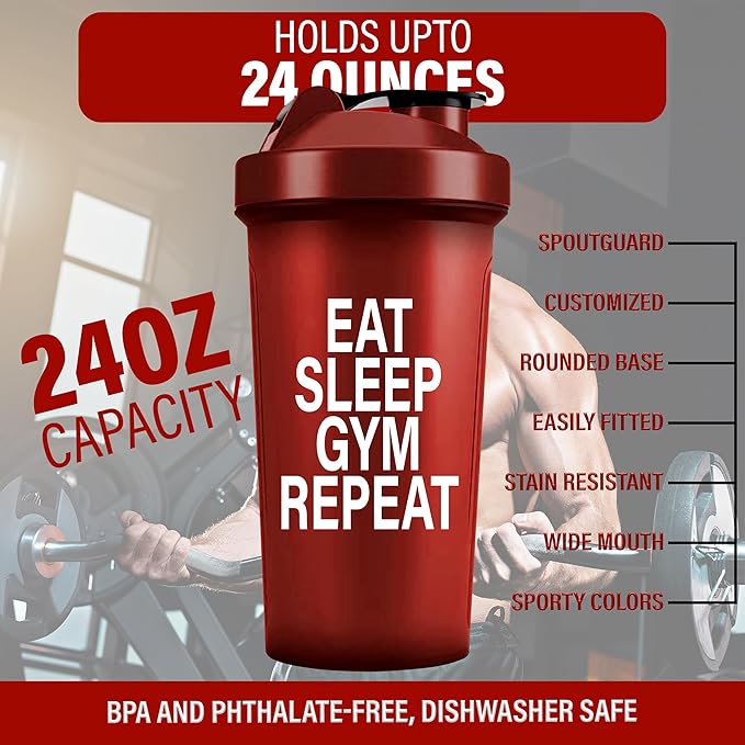 Shaker Bottles for Protein Shakes 24oz, Plastic Bottle for Pre and Post Workout, Protein Shaker Bottle with Wire Whisk Ball, Shaker Cup, Dishwasher Safe (EAT SLEEP GYM REPEAT, RED)