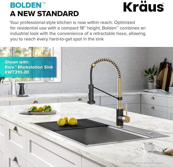 Kraus KPF-1610SFACBMB Bolden 18-Inch Single Handle Commercial Style Pull-Down Kitchen Faucet with Dual Function Sprayer, Spot Free Antique Champagne Bronze/Matte Black