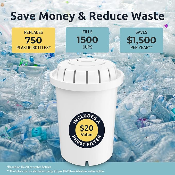 pH Recharge Glass Alkaline Water Filter Dispenser - Countertop Water Filter System - Alkaline Water Purifier Pitcher - High pH Pure Drinking Water Filtration - 8.5L/2.25 Gal (Acacia/Marble)