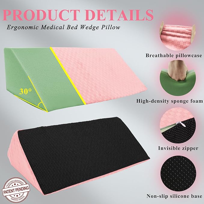 Bed Wedge Pillow for Side Sleeping Foam Filled Body Positioning Triangle Pillow Suitable for Pregnancy and Surgery Prevent Bed Sore for Leg and Back Support with Pillow Case (Pink)