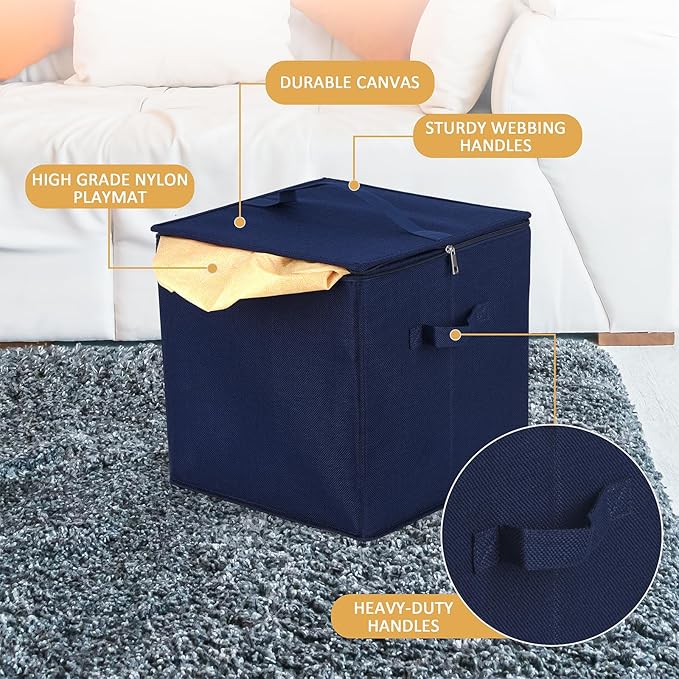 Toy Storage Basket and Play Mat for Kids, Foldable and Stackable Toy Storage Organizer for Building Bricks & Blocks, Toy Box Bin for Boys, Girls, Nursery, Playroom, 13"x13"x13" (Navy Blue)