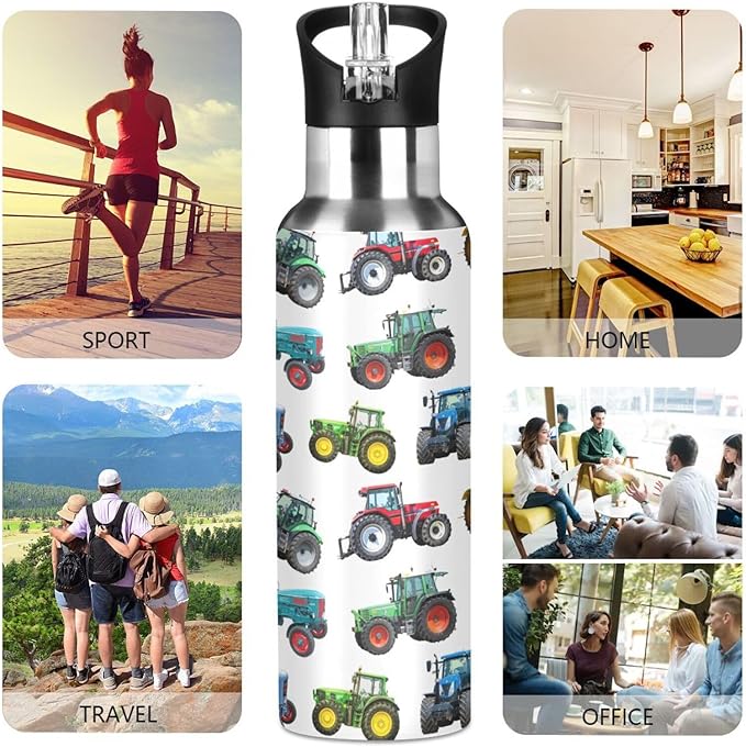 Tractor Stainless Steel Water Bottle with Straw Lid - 20 Oz Sports Insulated Water Bottle Thermos for Sport Gym Outdoor Travel School (DZ007)