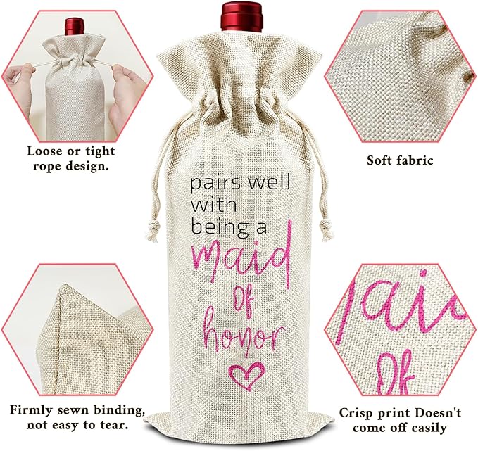Pairs Well with Being A Maid of Honor - Gifts for Bridesmaid Wine Bags, 1 PC Reusable Drawstring Burlap Wine Bottle Bags, Wedding Gifts for Ladies Women, Bridal Shower Party Decorations -33