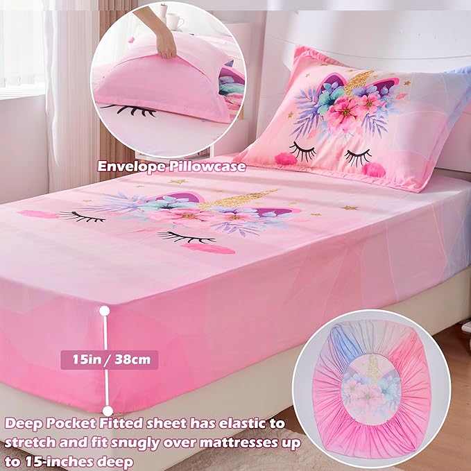 VIVILINEN Twin Size Bed Sheets Set for Kids Girls 3 Piece Pink Unicorn Kids Sheets Set Toddler Twin Bedding Set Include Flat Sheet, Deep Pocket Fitted Sheet and Pillowcase