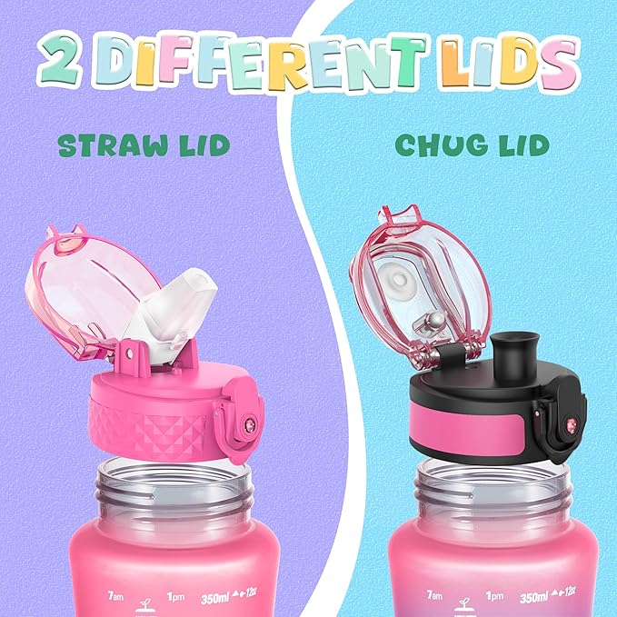 OLDLEY Kids Water Bottle for School, 12 oz (2 lids) BPA-Free Reusable Leak-proof Durable Tritan Plastic Water Bottles with Straw & Chug Lids, Anti-dust Spout Cover (Rose red)