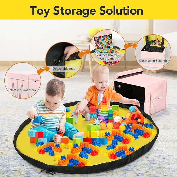 Toy Storage Organizer and Play Mat for Kids - Foldable Organizer Storage Bins with Lids - Detachable Mat Storage Bag Kids Toy Box for Boys, Girls, Nursery, Playroom, 11.6''x11.6''x15.5''(Pink)
