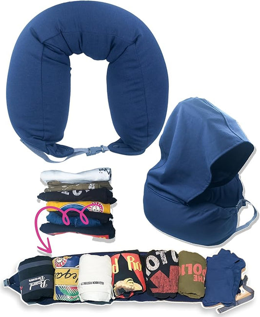 Stuffable Travel Neck Pillow, 2-Way Hoodie, Carry-on Luggage Holder, Cotton Light Blocking, for Airplane, Office, Vehicle Transportation (Navy)