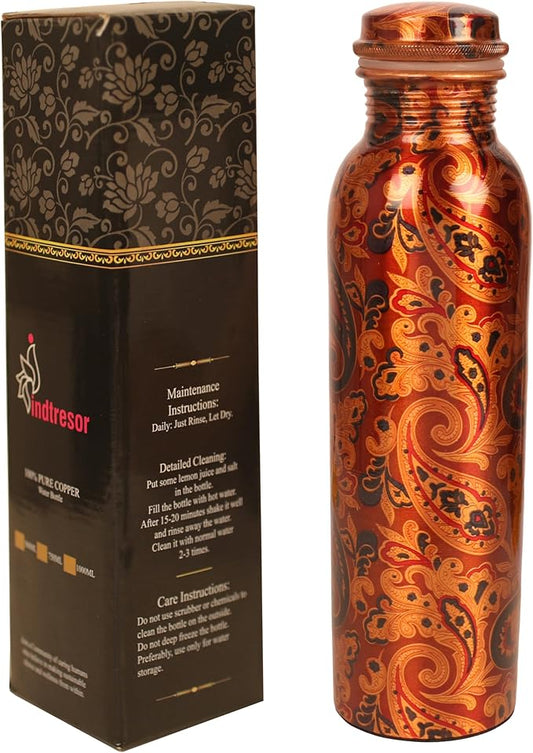 Pure Copper Water Bottle -Handcrafted -Ayurveda Health Benefits -Large 35 oz - Leak proof - Easy to carry for Sports, Fitness, Yoga, School - Textured Paisley Floral.