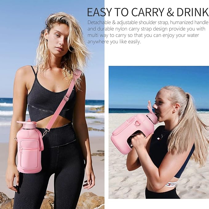 Fimibuke Half Gallon Water Bottle with Sleeve 64 OZ Water Bottle with Handle & Straw Leakproof Motivational Sports Gym Water Bottle with Time Marker BPA Free Water Jug with Reusable Neoprene Holder