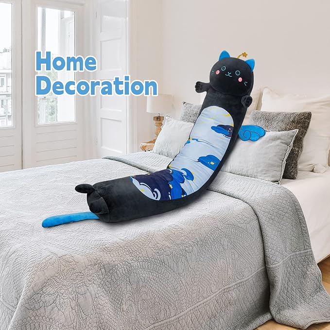 Long Cat Plush Kawaii Body Pillow, 36” Cute Black Cat Stuffed Animals Soft Plushies, Blue Star Kitten Big Plush Toys Throw Pillow Doll Gift for Girlfriend