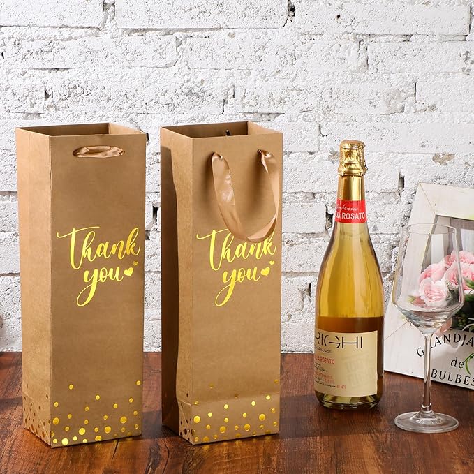 Ctosree 30 Pcs Wine Gift Bag for Wine Bottle Wedding Wine Thank You Gift Bag with Metallic Gold Foil Print Kraft Wine Paper Favor Bag with Attractive Rope Handle for Graduation Bottle(Brown)