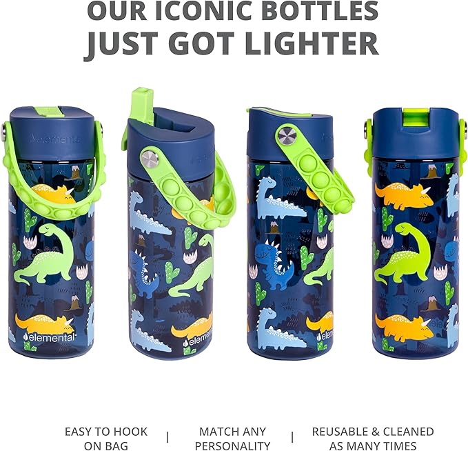 Elemental Leak Proof Water Bottles for Kids - Splash Kids Water Bottle for School with Fun Fidget Pop-it Handle - Tritan Plastic Water Bottle with Straw - Dinosaur & Green - 18oz (2 Pack)