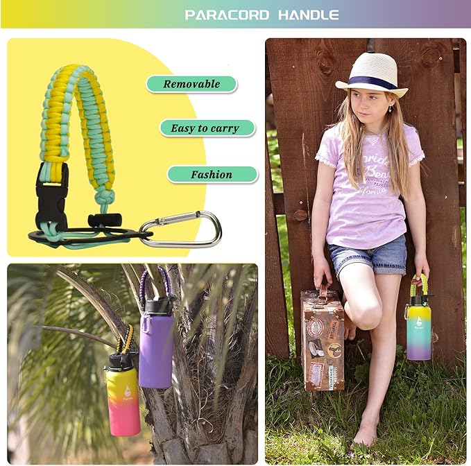 Farsea Insulated Water Bottle with Straw Lid & Spout Lid & Paracord Handle, Stainless Steel Water Bottle Wide Mouth, Double Wall Sweat-Proof BPA-Free, 32 oz, Dawn
