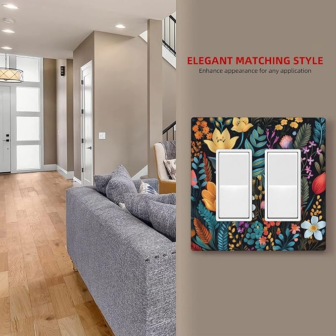 Boho Floral Vintage Flower Leaves Rustic Wildflower Plants 2 Gang Rocker Decora Light Switch Covers Dual Outlet Covers Wall Plate Decorative Switchplate Electrical Faceplate GFCI for Country Bedroom