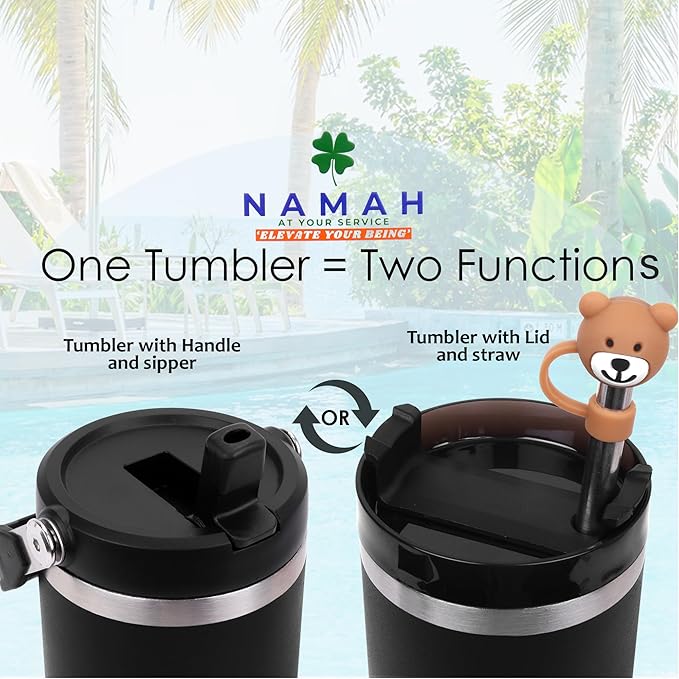 Tumbler with Handle & Extra Cloud LID – 30oz/900ml, Premium 304 Stainless Steel, Insulated Water Bottle, Leak-Proof, Steel Straw, Teddy Straw Cap, Cleaning Brush & Carabiner Hook (Charcoal Black)