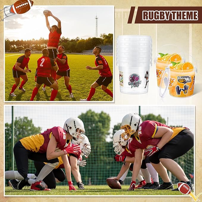 PerKoop 20 Pcs 32 oz Football Ice Cream Buckets with Lids and Handles Clear Cocktail Rum Buckets with 196 Stickers Plastic Transparent Tub Reusable Food Storage Containers for Parties