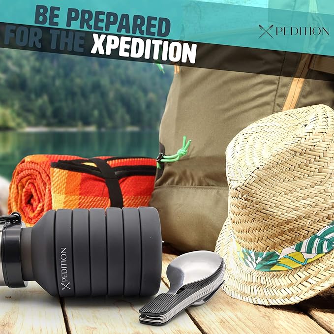 Collapsible Water Bottle, Stainless Steel Fork Knife Spoon Bottle Opener Travel Cutlery, Flat Folding Camping silverware utensils, Lunch Cutlery, Survival Gear, Flatware Tableware - Hiking Equipment