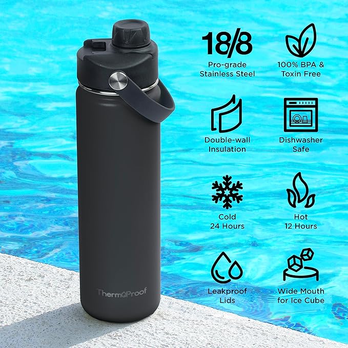 ThermoProof Hot & Cold Insulated Stainless Steel Water Bottle, Durable Leak Proof Gym Bottles for Men, Women & Kids, Double Walled Vacuum Bottles - 2 Lids (Black, 22oz)