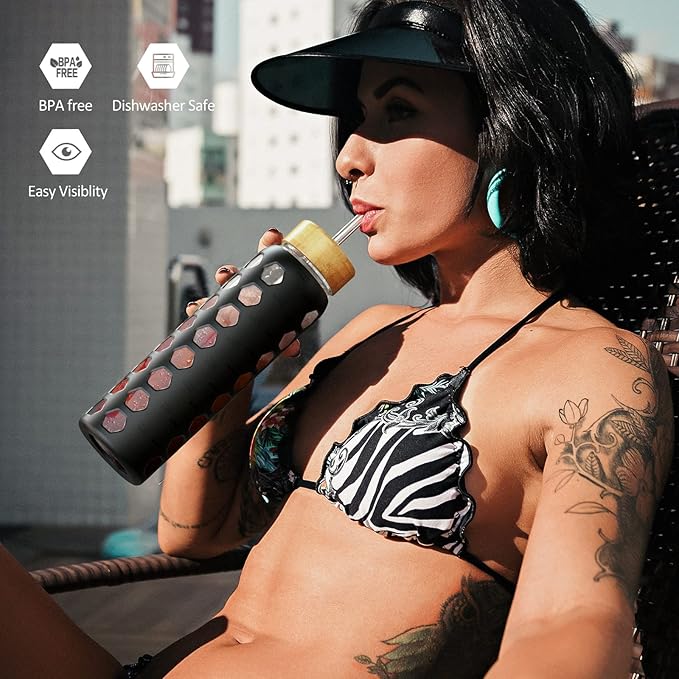 MUKOKO 24oz Glass Water Bottle with 2 Lids-Handle Flip Lid&Bamboo Straw Lid,Motivational Water Tumbler with Time Marker Reminder and Silicone Sleeve, Leakproof-Black