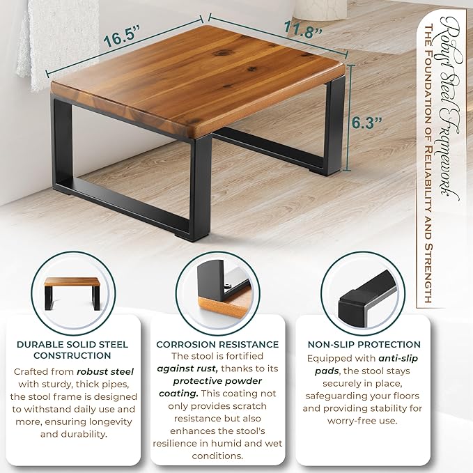 Wooden Step Stool, Heavy Duty One Step Stool for Adults, Wooden Stepping Stool with 450Lbs Capacity for Kitchen & Bathroom, Non-slip Wood Bedside Bed Steps with Robust Steel Frame for High Beds