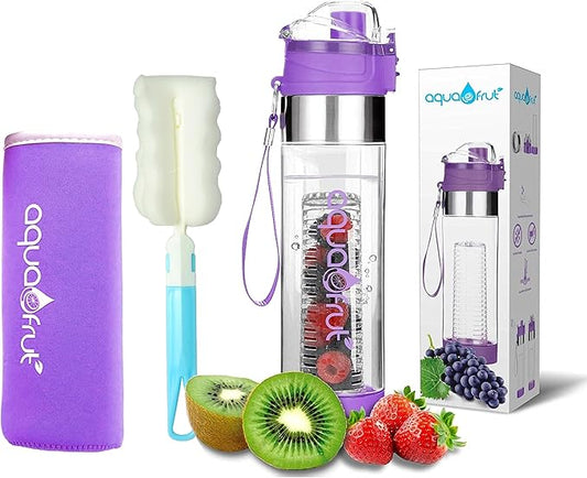 NEW Improved AquaFrut Bottom Loading Fruit Infuser Water Bottle Complete Bundle Includes Bottle Brush, Insulating Sleeve & Infusion Recipe eBook. Leak Proof Sweat Proof BPA-Free (Purple)