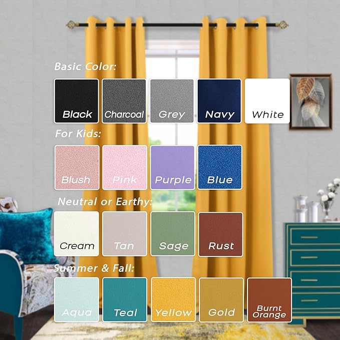 Spring Mustard Yellow Curtains for Bedroom 63 Inch Length 2 Panels Set Grommet Light Blocking Yellow Blackout Curtains for Living Room