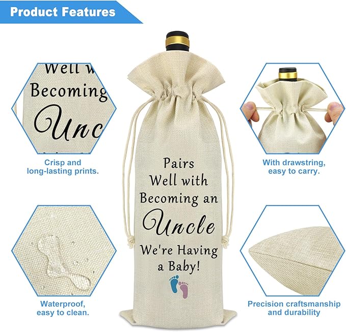 Pregnancy Announcement Gifts for Uncle Wine Bag Promoted To Uncle Baby Reveal Gift for Brother Drawstring Burlap Wine Bag First Time Uncle Gift New Uncle Gift for Brother Wine Bottle Cover Bag