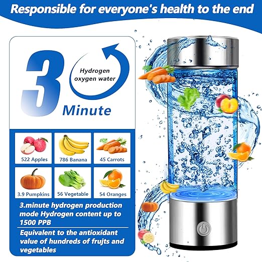 Hydrogen Water Bottle Generator, AquaHealth Hydrogen Water Bottles, 450ml Portable Rechargeable Hydrogen Water Ionizer Hydrogen-Rich Water Bottle Glass for Home, Travel, Office w/Hydrogen Suction Tube