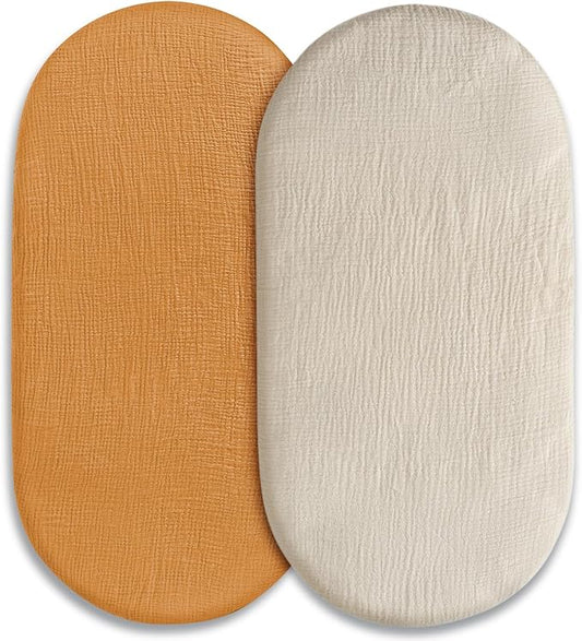 Muslin Bassinet Sheets 2 Pack for Baby Boy and Girl, Breathable Elastic Cozy Fitted Cotton Bassinet Mattress Sheet, Universal Fit for Hourglass Oval and Rectangle Bassinet Mattress (Elegant Colors)