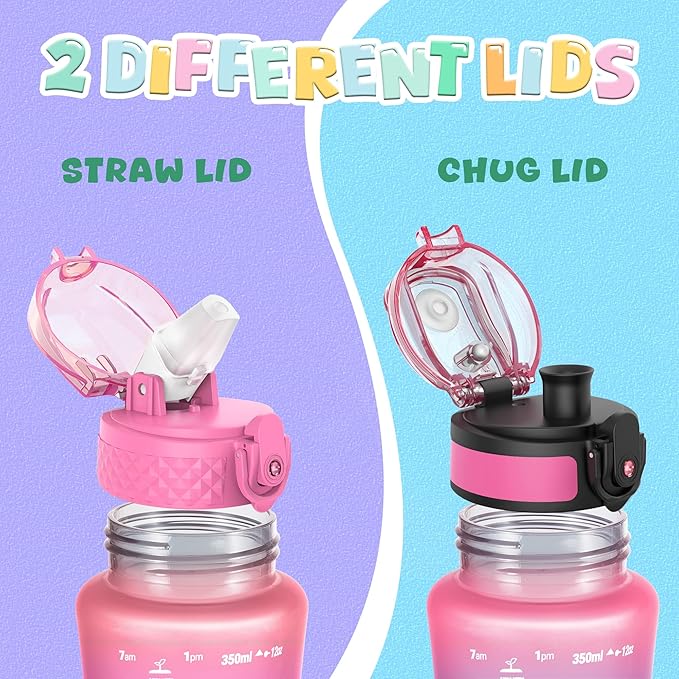 OLDLEY Kids Water Bottle for School, 12 oz (2 lids) BPA-Free Reusable Leak-proof Durable Tritan Plastic Water Bottles with Straw & Chug Lids, Anti-dust Spout Cover (Sweet Pink)