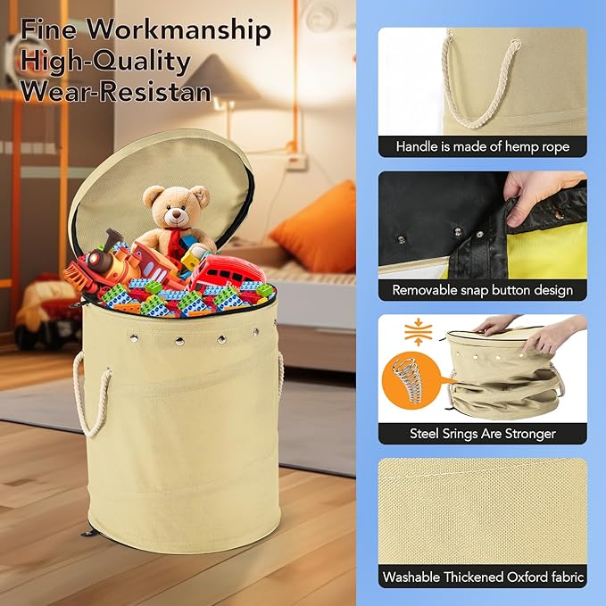 Toy Storage Basket + Play Mat for Kids Toy Chest Organizer Kids Toy Storage Organizer Foldable Big Storage Bins with Lids Large Toy Box for Boys Girls Toy Holders for Kids Rooms Nursery(Beige)