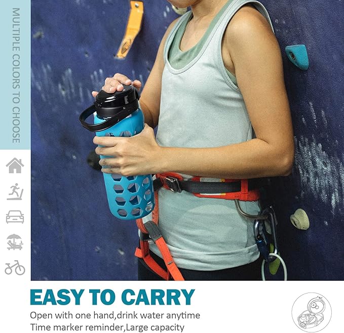 MUKOKO Half Gallon/64 oz Glass Water Bottles with Straw and Lid,Motivational Water Jug with Time Marker Reminder and Silicone Sleeve,100% Leakproof BPA Free Fitness Sports Large Bottle-Teal