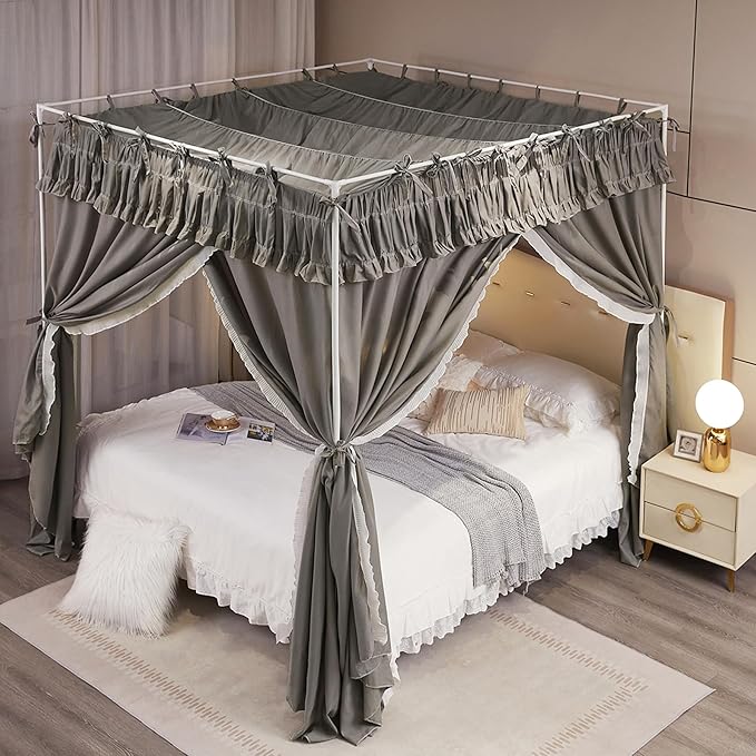 4 Corners Post Princess Ruffle Curtain Bed Canopy Lace Up Elastic Cozy Breathable Tent Mosquito Net for Girls Bedroom Decoration(Grey, 70-78" W*86" L*82" H/King)