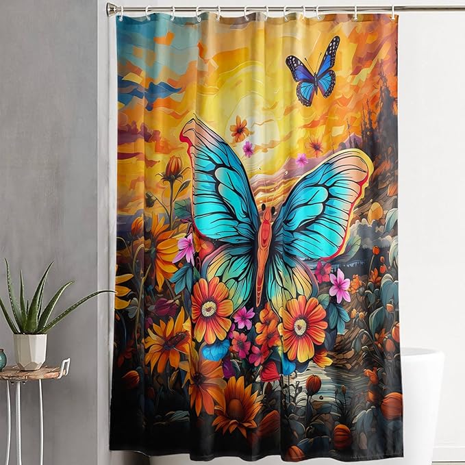 AILONEN Beautiful Butterfly Shower Curtain,Blue Butterfly with Sunflower Bath Curtain for Bathroom for Boys,Girls,Natural Plants Waterproof Fabric Shower Curtain Set with Hooks,72" W*84" H