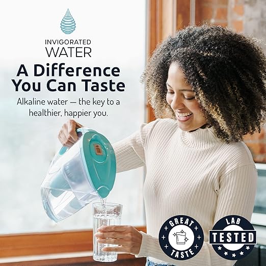 pH Refresh Alkaline Water Pitcher with Long-Life Filter – Alkaline Water Filter – Water Filtration System – High pH Alkaline Water Dispenser, 84oz, 2.5L (Aqua)
