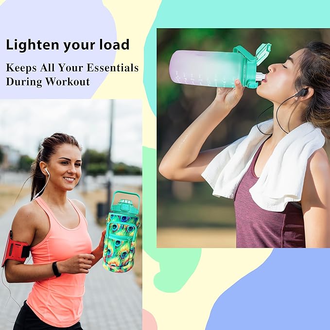 64 oz Water Bottle with Straw Sleeve & Strap Motivational Half Gallon Water Jug with Handle for Gym Women Men Aesthetic Water Bottle with Strap Peacock Feather