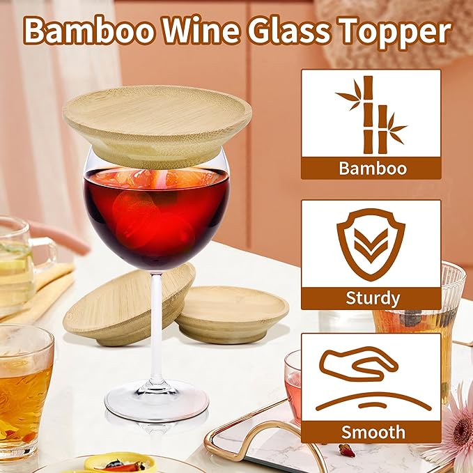 4PCS Wine Glass Charcuterie Topper, Bamboo Wine Glass Topper Coasters Plate, Charcuterie Wine Glass Topper, Prevent Red Wine Spills for Family Gatherings, Restaurants, Bars