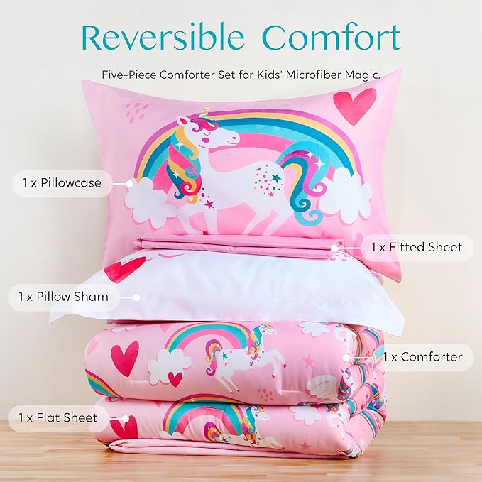 Joiedomi Kid Twin Comforter Set - 5 Piece Unicorn Rainbow Bedding Set for Boys/Girls - Super Soft Microfiber Bed in a Bag with Comforter, Sheets, Pillowcase & Sham