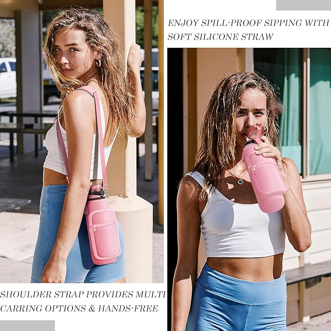 Fimibuke 32 oz Water Bottle with Sleeve - BPA Free Leakproof Sport Large 1L Plastic Motivational Water Bottle with Straw Strap & Insulated Neoprene Holder Carrier Bag Great Xmas Gift for Women Men