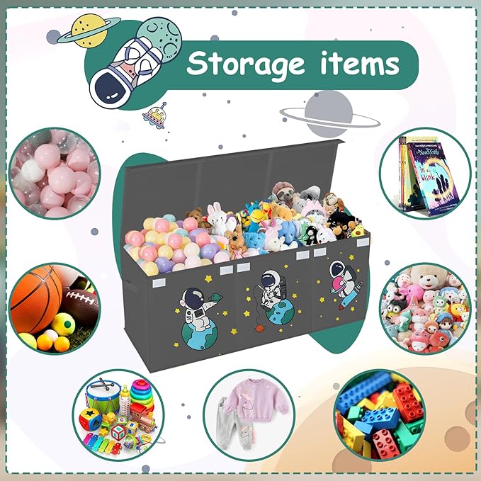 Large Toy Box Storage Organizer,Sturdy Toys Storage Chest Bin Basket with Dividers and Lids for Toddlers,Boys,Girls,Nursery,Closet,Living Room Area,Playroom(Grey Astronaut)