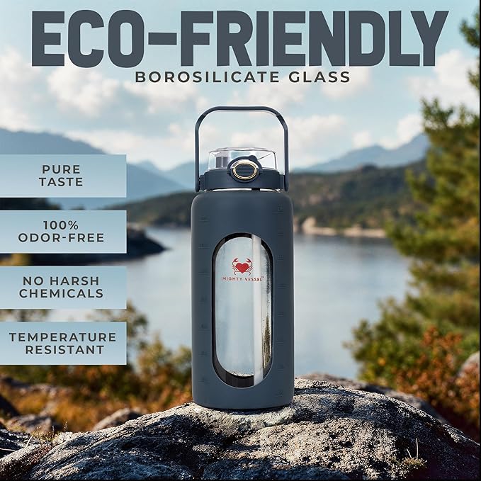 64oz Glass Water Bottle | Blue Water Bottle with Straw & Time Marker | Half Gallon Water Bottle with Measurements & Silicone Sleeve | Suitable for Travel, Gym, Sports & Daily Intake