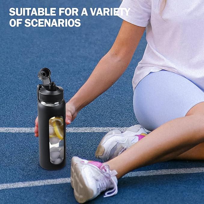 Glass Water Bottles with Straw -24oz- Water Bottle Phone Holder for Gym Sports Water Bottles with Silicone Sleeve Glass Drinking Bottles 2 Lids - Spout & Bamboo Straw Lid(Black)