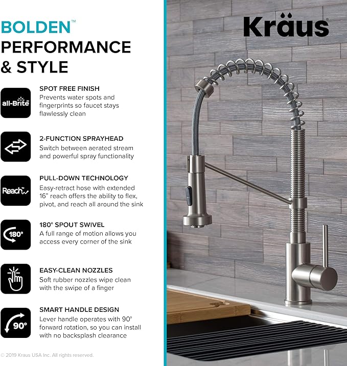 Kraus KPF-1610SFS Bolden 18-Inch Commercial Kitchen Faucet with Dual Function Pull-Down Sprayhead in all-Brite Finish, Spot Free Stainless Steel