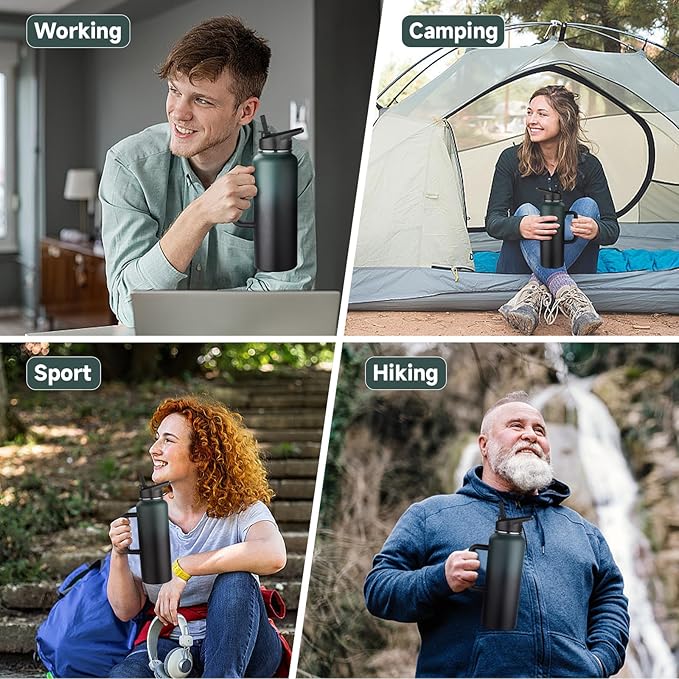 40oz Insulated Water Bottle with Handle, Stainless Steel Sports Metal Water Flask with Straw & 2 Leak Proof Lids, Double Walled Vacuum Wide Mouth Water Bottle for Travel,Camping,Gym (Dark Green Black)