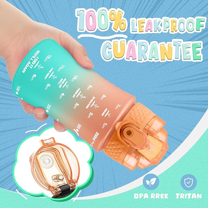 OLDLEY Kids Water Bottle for School, 12 oz (2 lids) BPA-Free Reusable Leak-proof Durable Tritan Plastic Water Bottles with Straw & Chug Lids, Anti-dust Spout Cover (Sunflower)