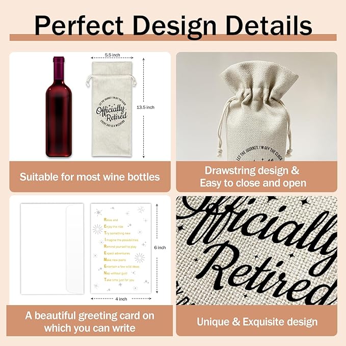 Retirement Wine Gift Bags & Card, Retirement Gifts for Women Men Grandparent Coworker Colleague Leaving Go Away Gifts 1pcs Reusable Burlap Wine Gift Bags for Wine Bottles, Retirement Party Favor -12