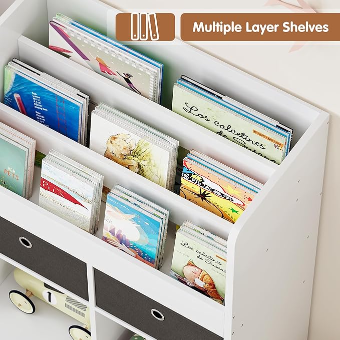 GAOMON 47.8in Kids Bookshelf with Drawers Wooden Toy Storage Organizer Modern Bookcase with Cubbies Floor Storage Cabinet White Toy Chest Playroom, Classroom, Nursery, Kids Room