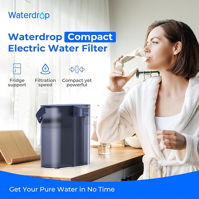 Waterdrop Compact Electric Water Filter Pitcher, Dispenser, 200-Gallon Water Filter for Fridge, NSF/ANSI 42&53&401, Reduce PFAS, Lead, Chlorine, 14-Cup, Blue, with 1 Filter, 𝐃𝐨𝐞𝐬 𝐧𝐨𝐭 Lower TDS