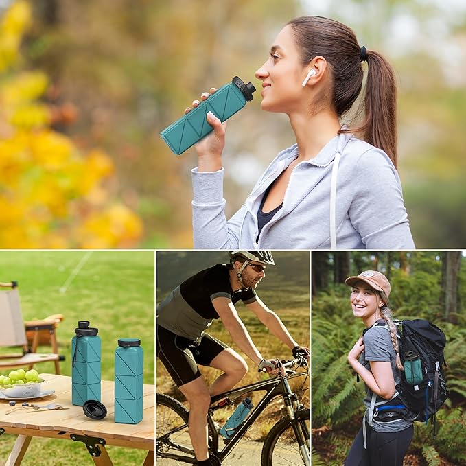 INNERNEED Collapsible Water Bottle, Reuseable BPA Free Silicone Foldable Water Bottles for Travel Gym Camping Hiking, 20.6 fl.oz, Portable, Food-Grade, Leak Proof (1 Pack, Dark Green)