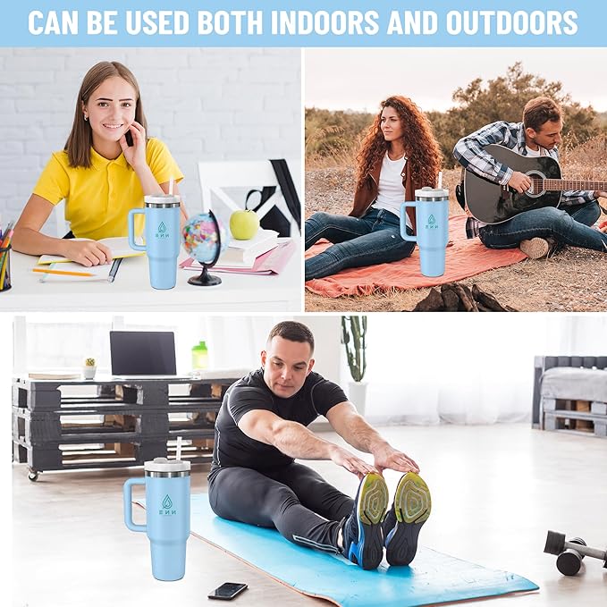 40oz stainless Steel Insulated Tumbler with Handle, lid and straw for cold water, Iced tea, or coffee - 100% Leak-Proof - Cupholder Friendly Travel Mug- Gifts for Women Men Him Her (Blue)